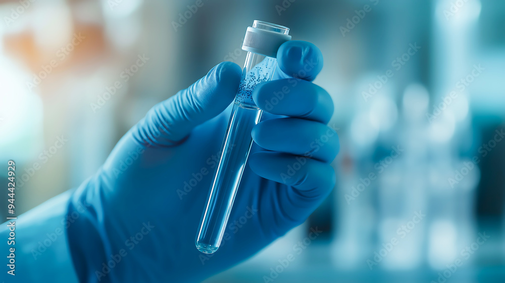 Close up hand of scientist wearing blue gloves holding a sample of bacteria in a test tube conducting medical research and health care