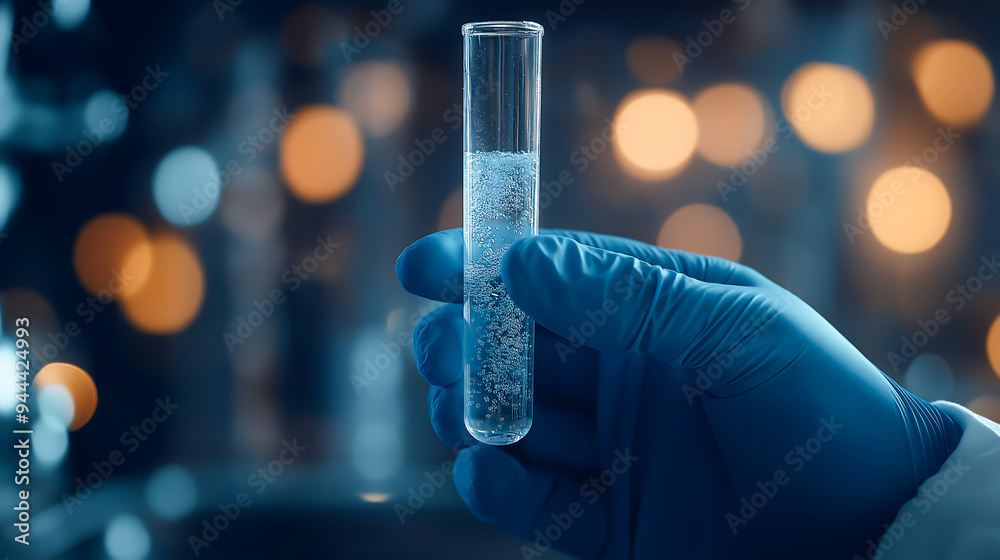 Close up hand of scientist wearing blue gloves holding a sample of bacteria in a test tube conducting medical research and health care Close up hand of scientist wearing blue gloves holding a sample of bacteria in a test tube conducting medical research and health care