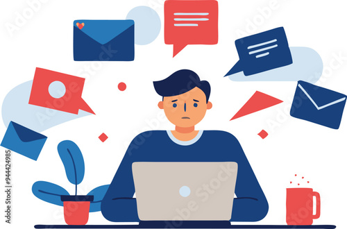 Individual working at a desk with laptop and surrounded by flying envelopes, representing communication overload