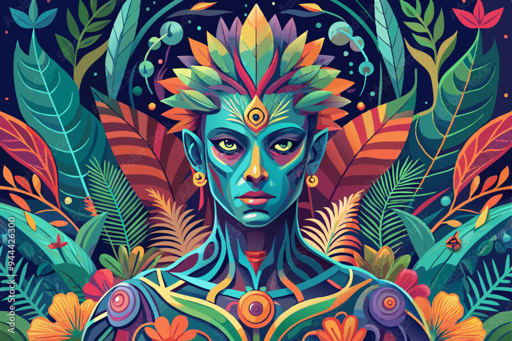 Naklejka premium A detailed illustration of a person surrounded by vibrant floral patterns and foliage, depicting a fusion of human and nature elements in a striking and colorful composition 