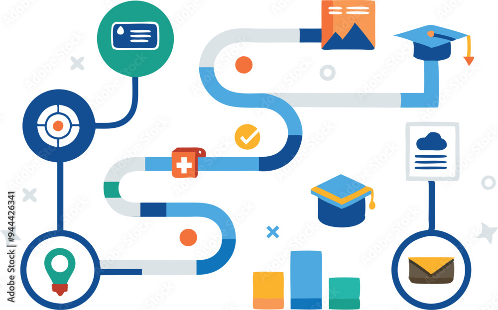 A detailed roadmap illustration with various symbols representing stages of progress, planning, and growth in education, business, or career pathways.