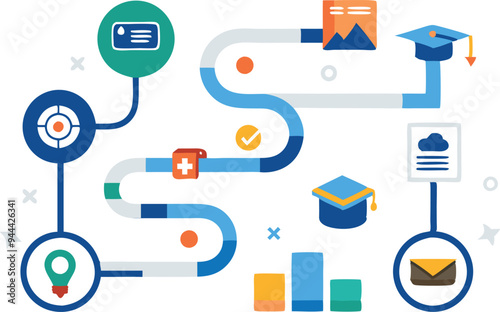 Obraz na płótnie A detailed roadmap illustration with various symbols representing stages of progress, planning, and growth in education, business, or career pathways. w salonie