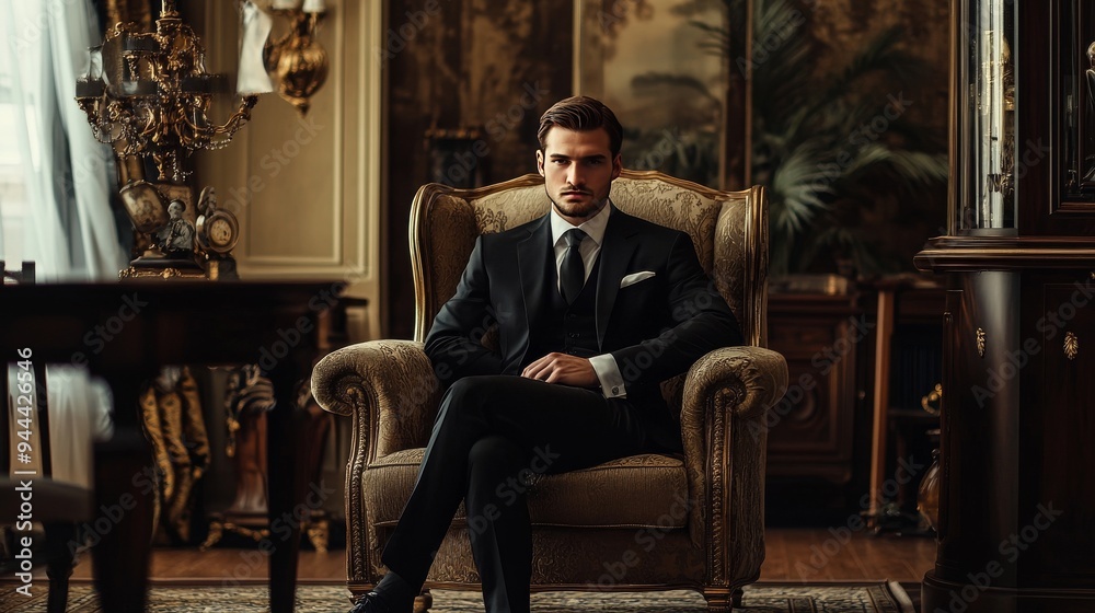 Imposing well dressed man sitting in an armchair in a luxurious apartments with classic interior. Luxury. Men's beauty, fashion. Imposing well dressed man sitting in an armchair in a luxurious apartments with classic interior. Luxury. Men's beauty, fashion.