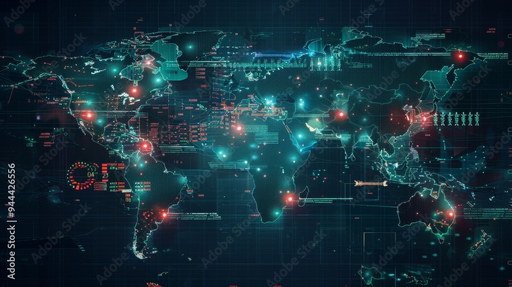 Obraz premium Digitized world map with red dots over countries. hackers concept