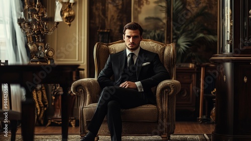 Imposing well dressed man sitting in an armchair in a luxurious apartments with classic interior. Luxury. Men's beauty, fashion. 
