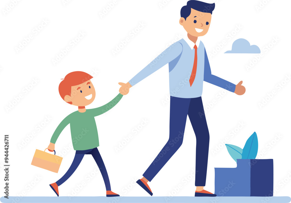 Father and child walking together hand in hand, symbolizing family bonding, parenting, and support in a simple and warmhearted illustration. Father and child walking together hand in hand, symbolizing family bonding, parenting, and support in a simple and warmhearted illustration.