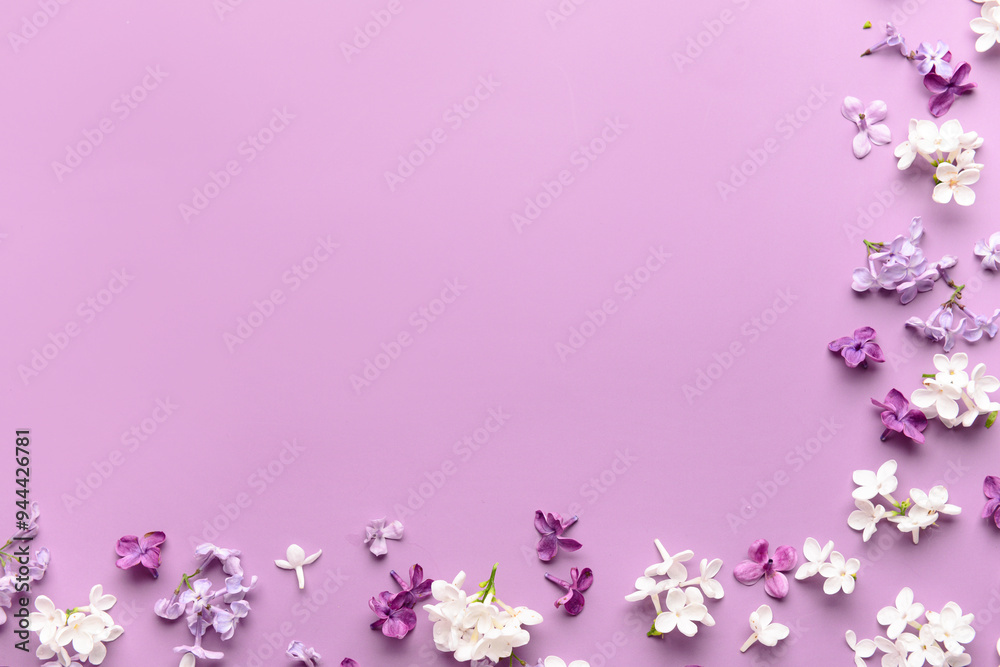 Composition with different beautiful lilac flowers on pink background Composition with different beautiful lilac flowers on pink background