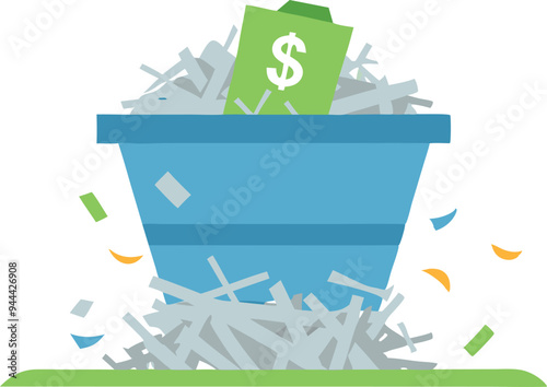 Bucket filled with shredded paper and dollar bills, symbolizing financial loss, waste, and money mismanagement in a colorful illustration.