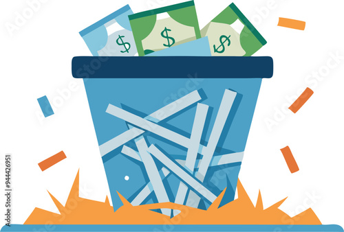 Trash can overflowing with shredded paper and cash, representing financial waste, poor decisions, and mismanagement in a colorful design.