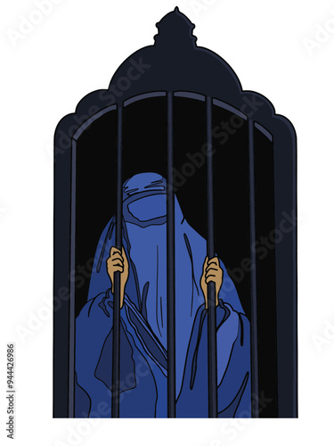 A woman in a blue burqa stands behind bars on the window vector illustration. Protect afghan women. Simple vector illustration of the woman in burka. Refugee poster concept.