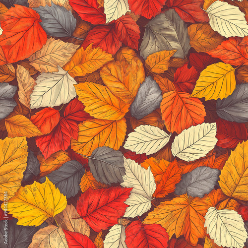 Colorful autumn leaves seamless pattern. Orange, red and beige tones