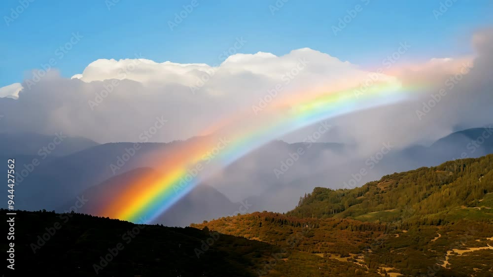 Animation of mountains with colorful rainbow in cloudy sky over field. Nature landscape after storm. Spring morning. St Patrick Day holiday symbol Animation of mountains with colorful rainbow in cloudy sky over field. Nature landscape after storm. Spring morning. St Patrick Day holiday symbol