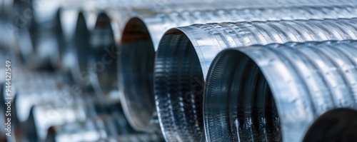 Metal ventilation ducts neatly arranged in the factory.
