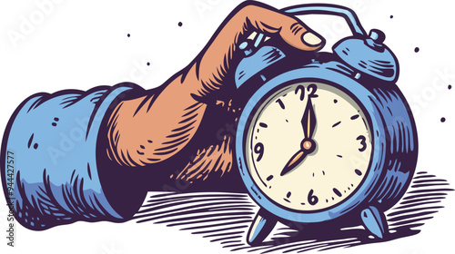 Hand hitting a vintage alarm clock, symbolizing frustration with waking up, morning routines, and exhaustion in a retro style illustration.