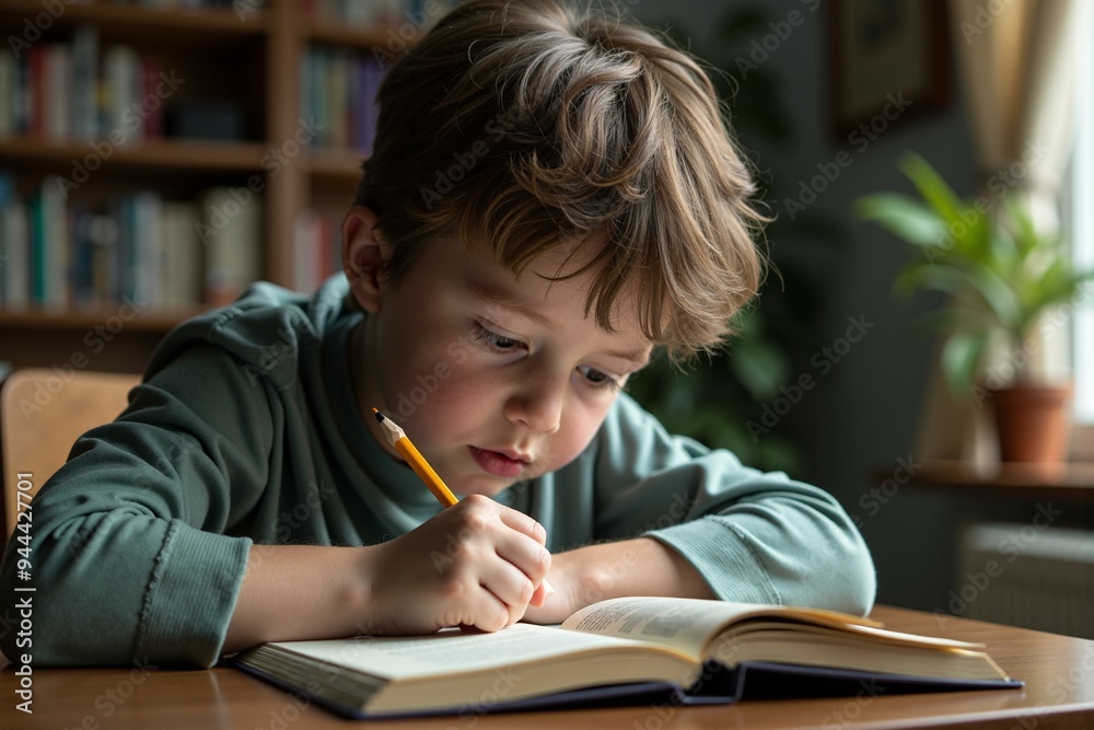 Young boy focused on writing in his notebook Young boy focused on writing in his notebook