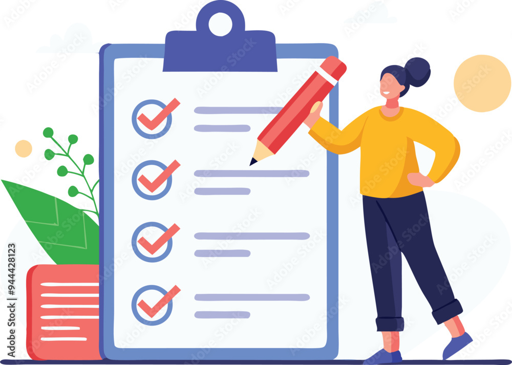 Woman checking off tasks on a large clipboard, symbolizing productivity, task management, and goal completion in a modern illustration.