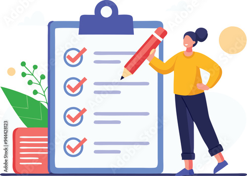 Obraz na płótnie Woman checking off tasks on a large clipboard, symbolizing productivity, task management, and goal completion in a modern illustration. w salonie