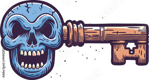 Skullshaped key in a detailed and eerie design, symbolizing mystery, danger, and hidden secrets in a dark, Gothicinspired illustration.