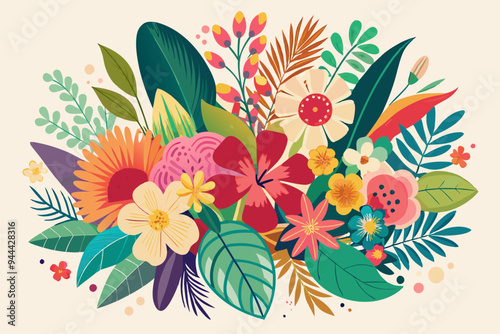 This image showcases a vivid floral arrangement with an array of flowers and leaves, set against a light background. The design highlights nature's vibrancy and beauty
