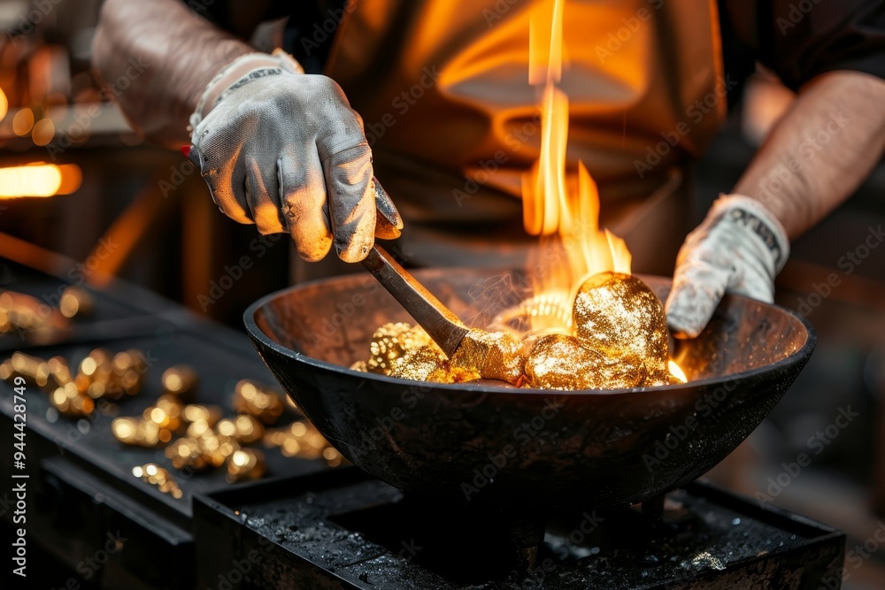 Fototapeta premium Golden Treasures Cooking on Fire Chef Gently Hand-Roasts Delicate Treats To Golden Perfection