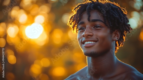  Happy black teenager jogging in the park in sunshine on sunny blue sky day. Candid boy running for improved mental health and fitness. Summer exercise outdoors