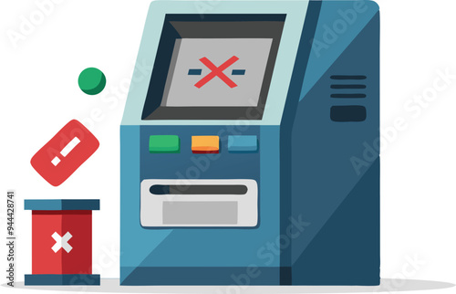 ATM machine with an error sign, representing financial problems, card issues, and money withdrawal troubles in a simple and modern illustration.