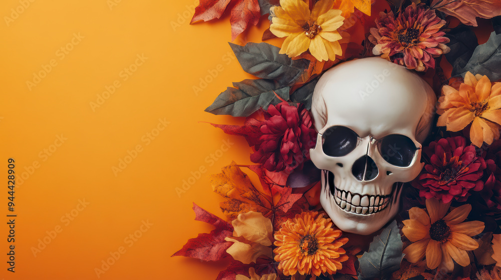 Happy halloween flat lay mockup with autumn flowers, leaves and Calavera sugar skull on orange background. Fall holiday concept composition. Top view with copy space.