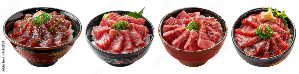 Maguro Don tune rice bowl with slice isolated on transparent background, Maguro Don tune rice bowl with slice isolated on transparent background,