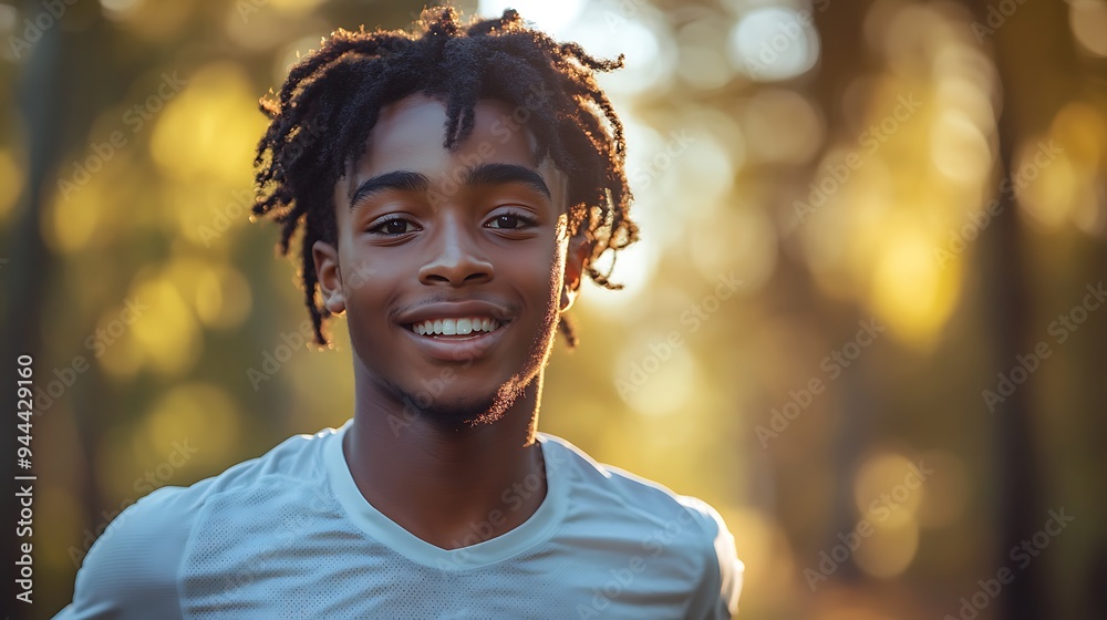 Happy black teenager jogging in the park in sunshine on sunny blue sky day. Candid boy running for improved mental health and fitness. Summer exercise outdoors Happy black teenager jogging in the park in sunshine on sunny blue sky day. Candid boy running for improved mental health and fitness. Summer exercise outdoors