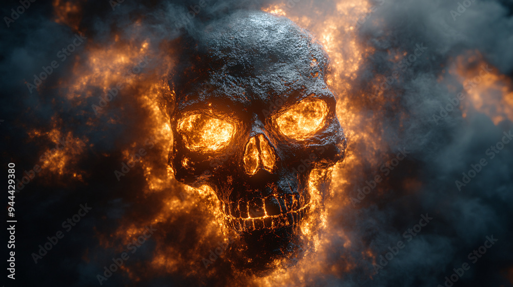A 3D render of a flying smoke skull with glowing eyes, suitable for Halloween or horror-themed designs.