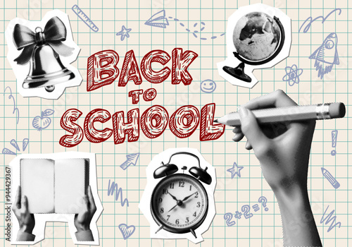 back to school concept design set with hand writing reading book alarm clock bell globe isolated on graph paper doodle background retro grunge dotted halftone cutout collage element