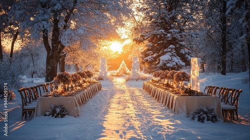 An elegant winter banquet set in a snowy garden, with ice sculptures, warm blankets on chairs, and a festive atmosphere photo