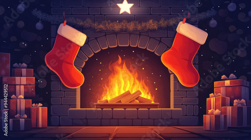 Two red Christmas stockings hanging above a cozy fireplace with a roaring fire, surrounded by wrapped gifts and festive garland, with a star on the mantel, evoking a warm holiday atmosphere. photo