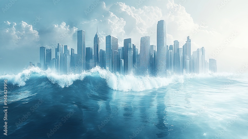 Fototapeta premium A city skyline reflected perfectly in a massive, clear ocean wave, blending urban and natural elements, crisp blues and whites, minimalist style, digital illustration.
