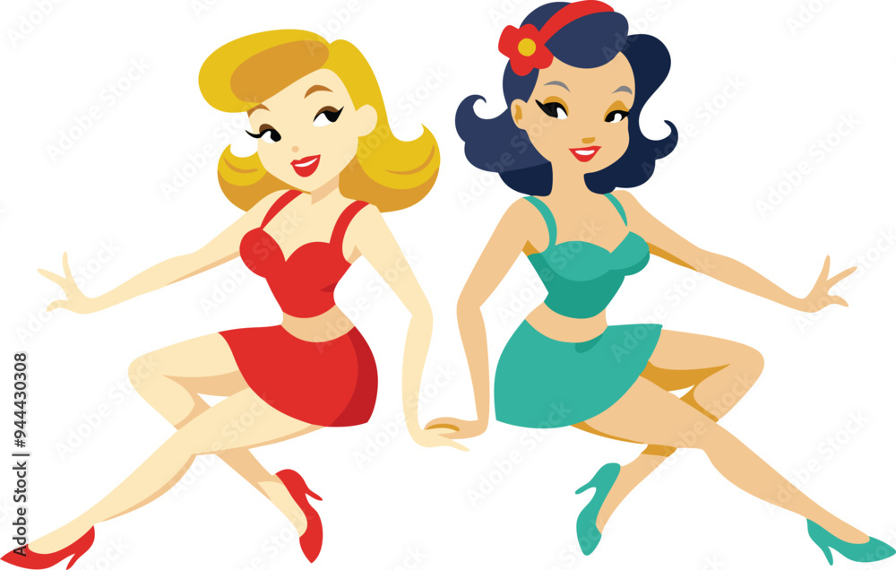 Retro pinup style illustration of two women posing in swimsuits, symbolizing vintage style, fun, and beauty in a playful and bold design. Retro pinup style illustration of two women posing in swimsuits, symbolizing vintage style, fun, and beauty in a playful and bold design.