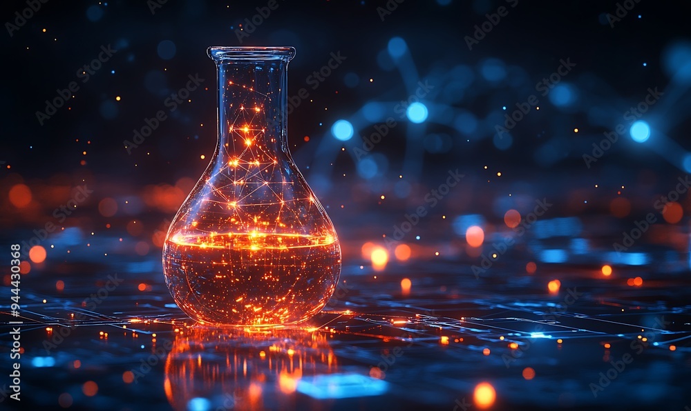 The digital laboratory flask icon with glowing data symbolizes the integration of AI into scientific experimentation and data analysis, accelerating research progress and discoveries design, The digital laboratory flask icon with glowing data symbolizes the integration of AI into scientific experimentation and data analysis, accelerating research progress and discoveries design,