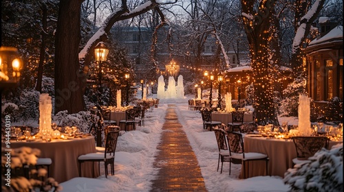 An elegant winter banquet set in a snowy garden, with ice sculptures, warm blankets on chairs, and a festive atmosphere photo