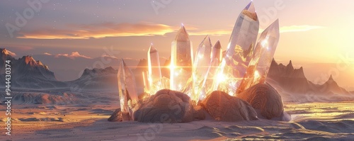 Giant crystal formation in a desert at sunset landscape.
