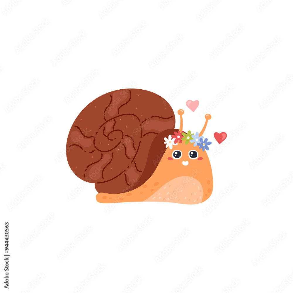 Cute snail with wreath of spring flowers and red hearts. Cute snail with wreath of spring flowers and red hearts.