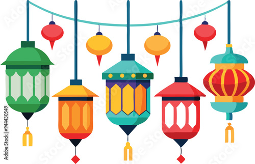 Festive Hanging Lanterns in Various Colors on Strings, Minimalist Festival Decoration with Bright Colors