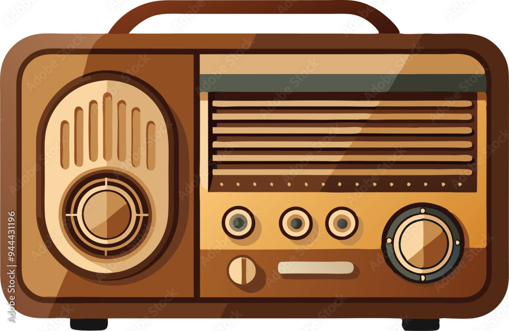 Brown vintage radio with knobs and speakers, representing retro technology, music, and nostalgia in a classic and detailed illustration.