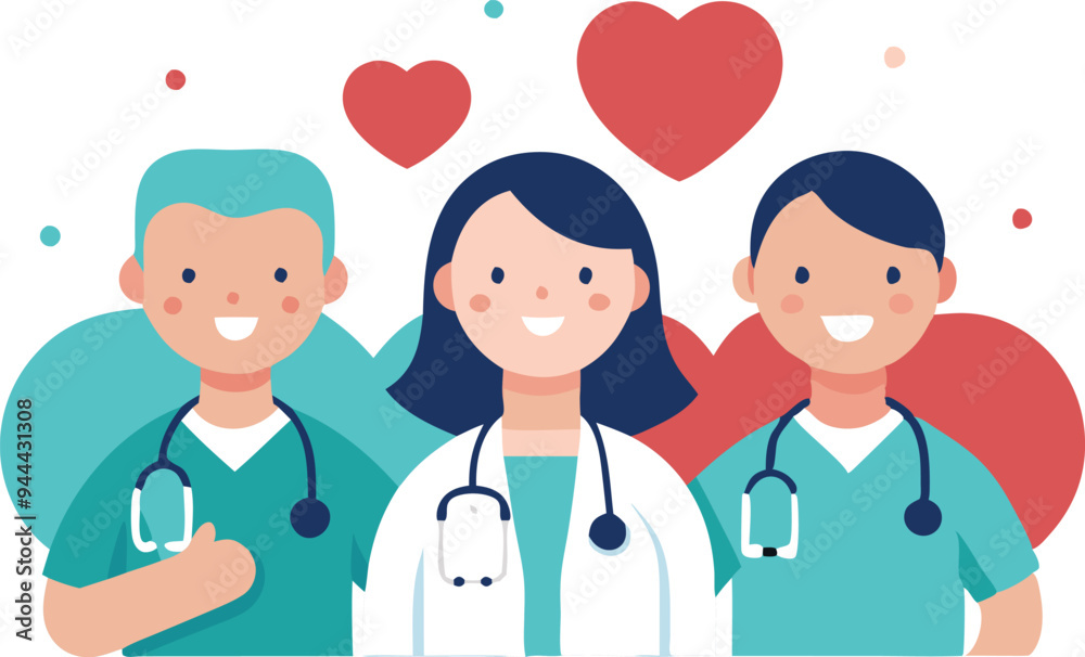 Group of three diverse healthcare workers smiling, symbolizing teamwork, healthcare, and appreciation for medical professionals in a friendly design. Group of three diverse healthcare workers smiling, symbolizing teamwork, healthcare, and appreciation for medical professionals in a friendly design.