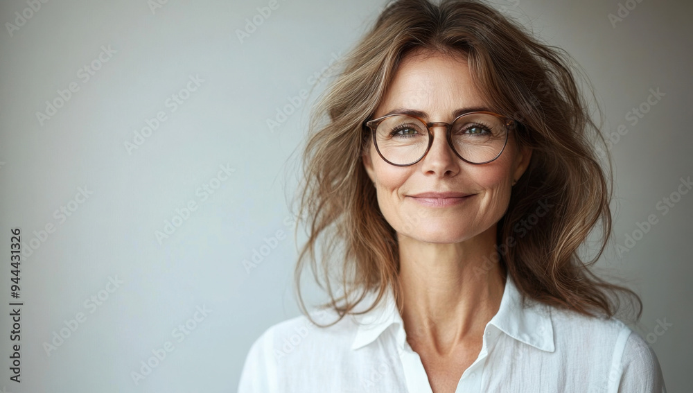 Obraz premium confident mature businesswoman with warm smile and stylish glasses standing against clean white background exuding professionalism and approachability in corporate attire
