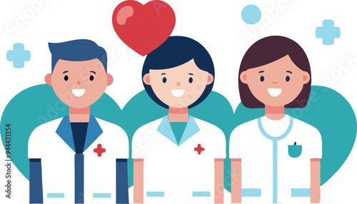 Three healthcare professionals standing together, symbolizing teamwork, diversity, and healthcare services in a cheerful and professional illustration.