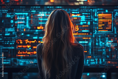  AI cyber security concept. Female IT Computer specialist analyzing artificial intelligence cyber threats to consumer data & privacy breach. Software developer using code & ethical hacking 