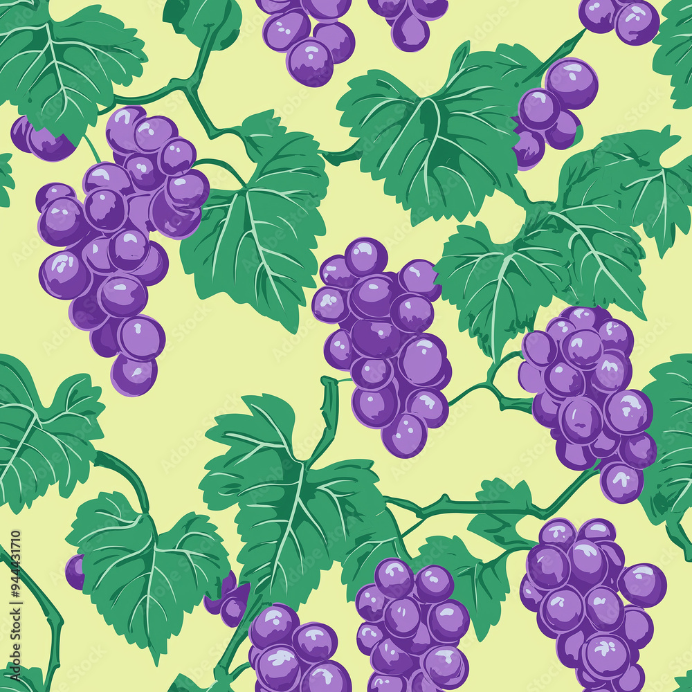 Obraz premium Flat design seamless pattern with grapes. Green and purple color tones, yellow background