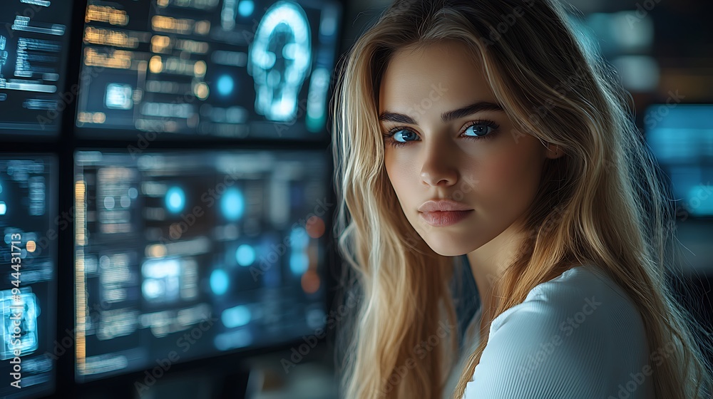 AI cyber security concept. Female IT Computer specialist analyzing artificial intelligence cyber threats to consumer data & privacy breach. Software developer using code & ethical hacking AI cyber security concept. Female IT Computer specialist analyzing artificial intelligence cyber threats to consumer data & privacy breach. Software developer using code & ethical hacking