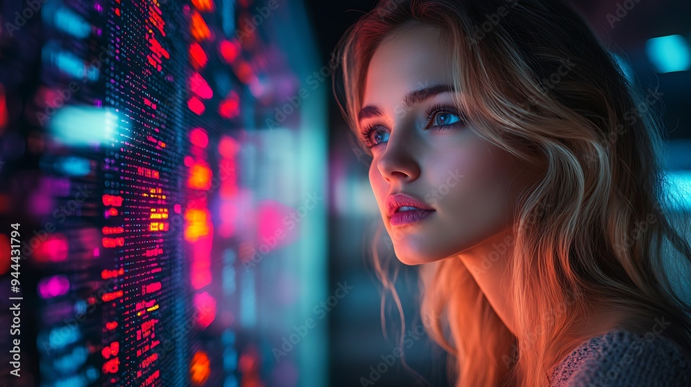 AI cyber security concept. Female IT Computer specialist analyzing artificial intelligence cyber threats to consumer data & privacy breach. Software developer using code & ethical hacking AI cyber security concept. Female IT Computer specialist analyzing artificial intelligence cyber threats to consumer data & privacy breach. Software developer using code & ethical hacking
