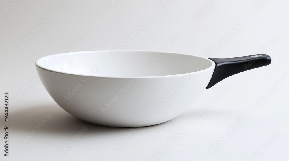 a white bowl with a black handle a white bowl with a black handle