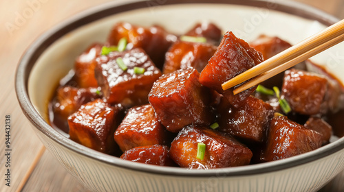 Cubos suntuosos de barriga de porco assada brilhando em um molho rico, servidos em uma tigela com pauzinhos pegando um pedaço. Uma delícia culinária irresistível photo